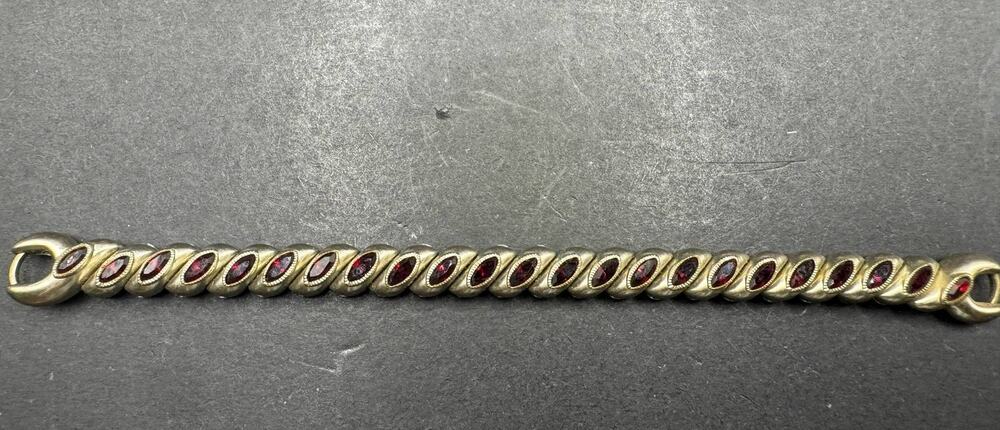 Bretton Vintage Silver Tone Twisted Link Bracelet Marquise Cut Red Gemstones
